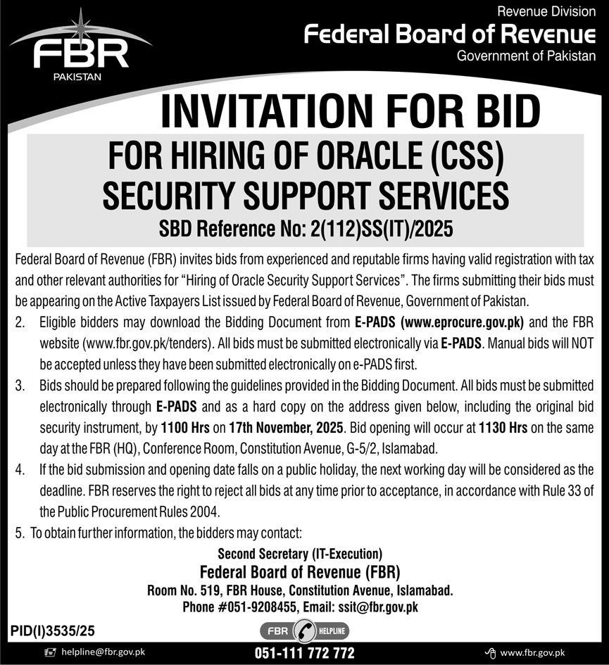 Federal Board of Revenue Islamabad Tender Notice